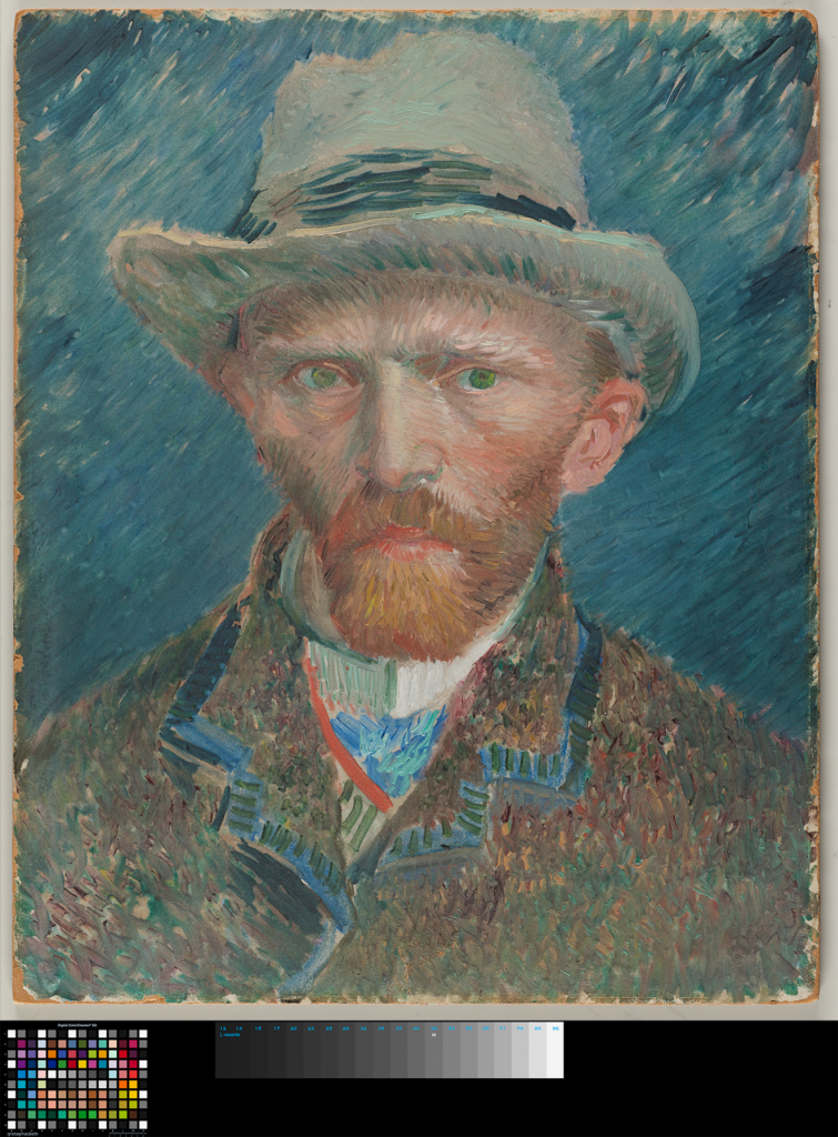 "Reproducción en impresión giclée de un autorretrato de Vincent van Gogh por Color3arte, destacando la expresión introspectiva del artista y sus característicos trazos expresivos."