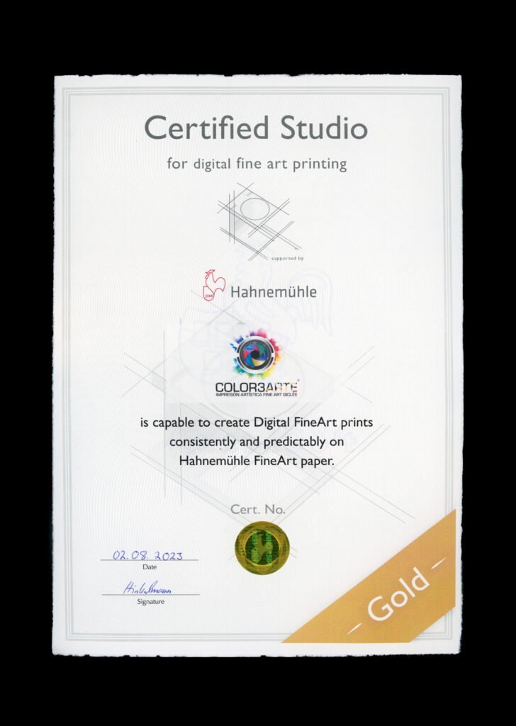 Certificate of authenticity for fine art digital prints, endorsed by Hahnemühle.
